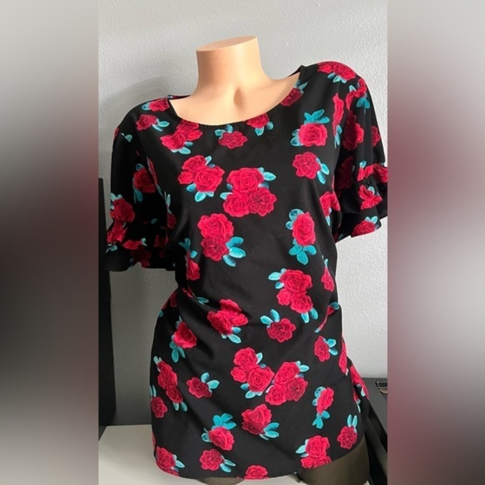 Lane Bryant Floral Black Top with Red Roses